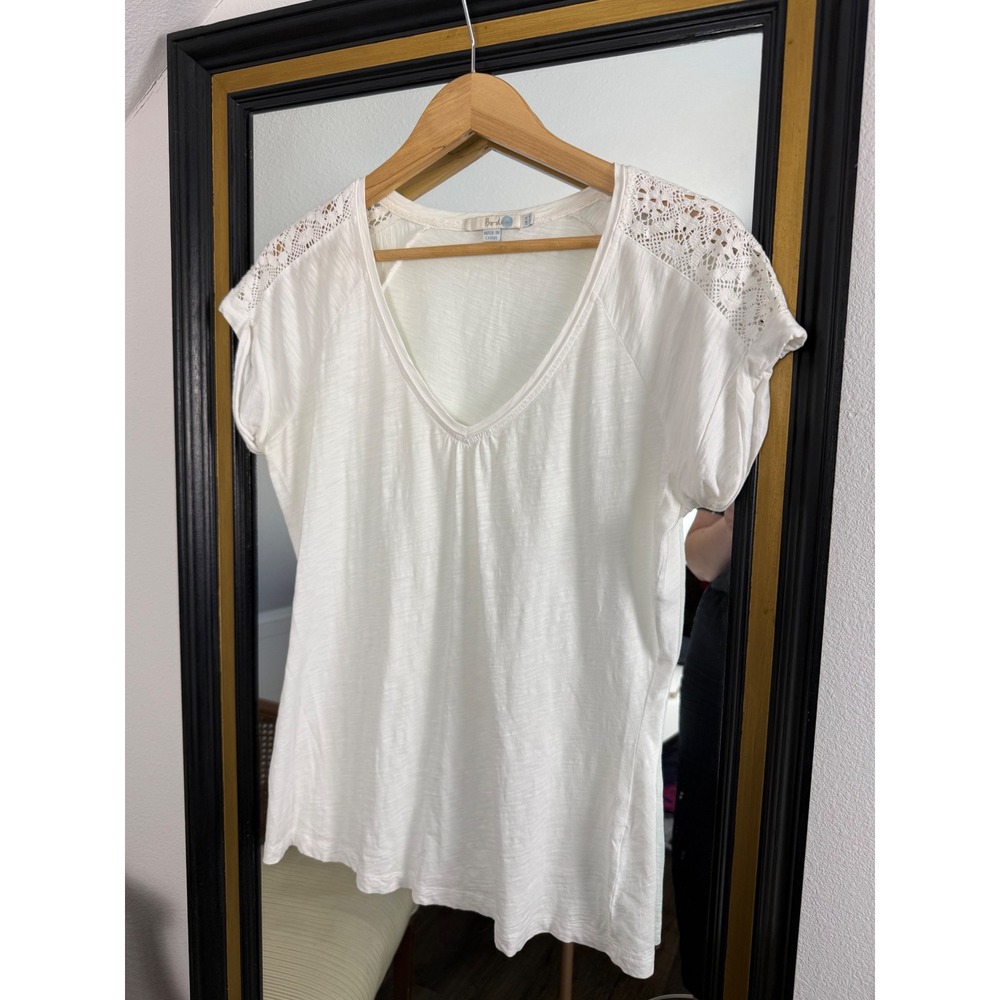 Boden White Crochet Lace Shoulder V-Neck Slub Cotton Tee Top Womens Size 10
